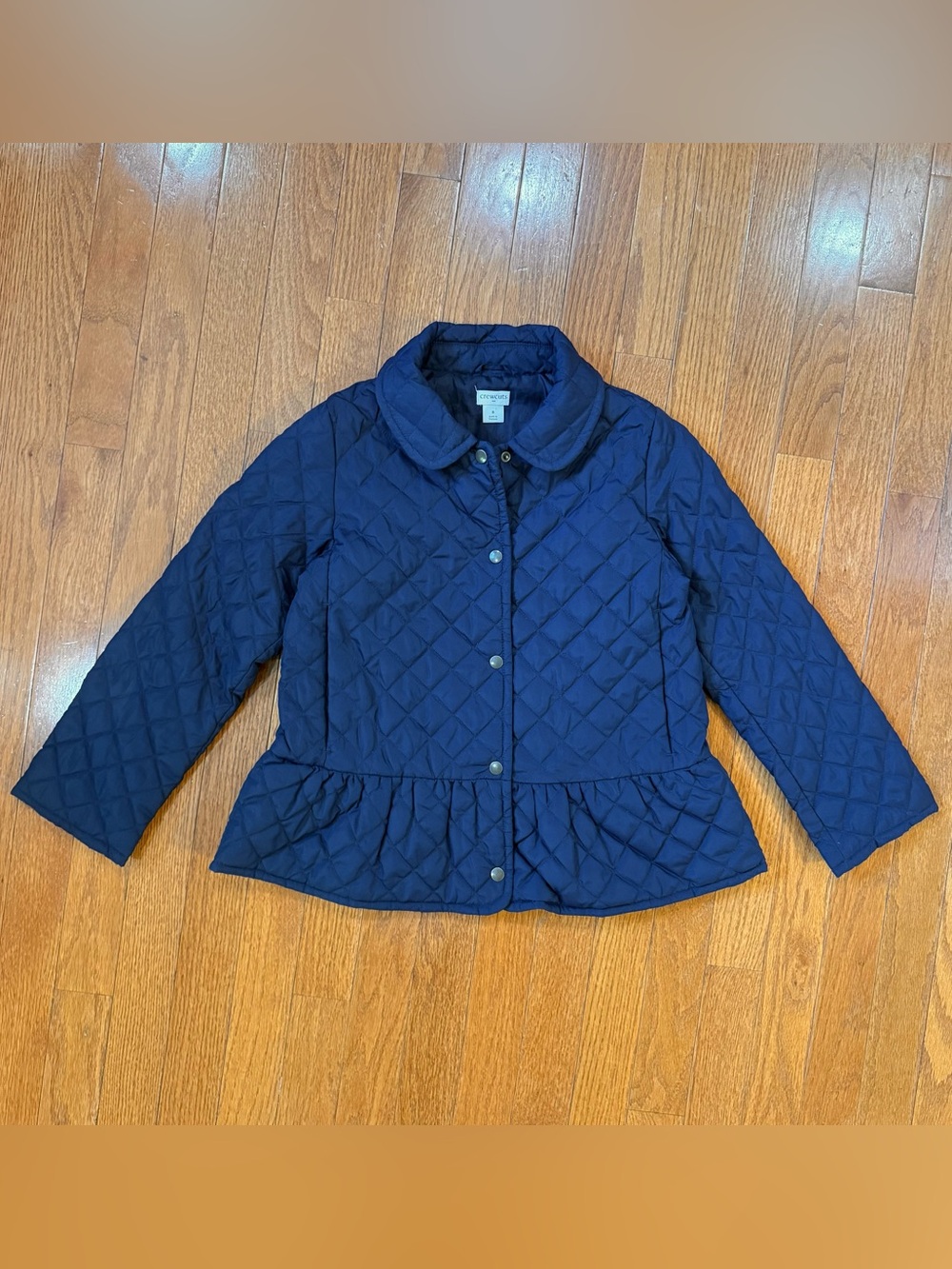 Crewcuts J Crew Girls 8 Medium Diamond Quilted Peplum Barn Jacket Navy Snap Coat